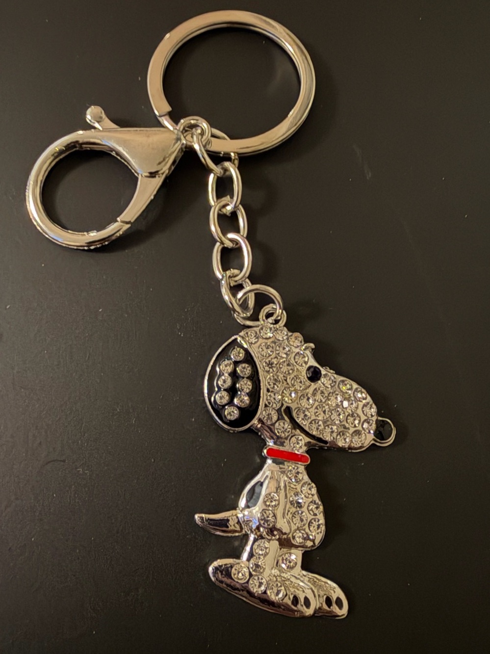 Silver Crystal Snoopy Keychain with Red Collar - Decorative Accessory
